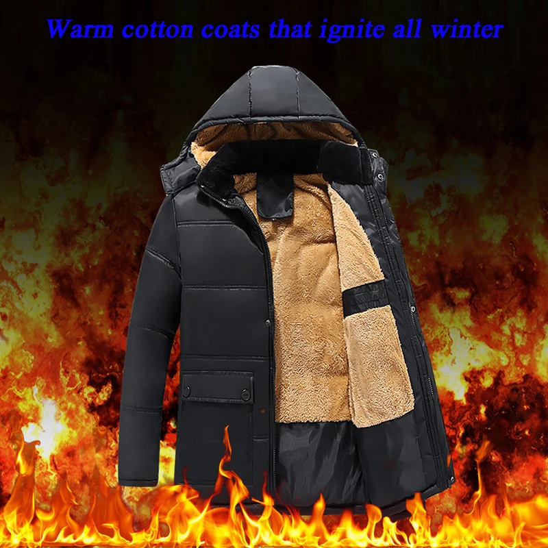 Winter Warm Cotton Coat Internal Velvet Trench Coat for Men Thickened Overcoat Long Hooded Overcoat Jackets for Men Windbreake