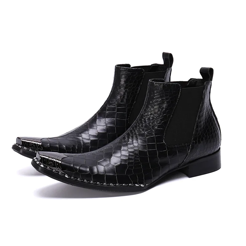 

Black Mens Boots Chelsea Fashion Shoes Elastic Square Toe Shoes Winter Men Rhinestone Bordered Ankle Boots Slip On Leather Boots