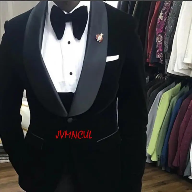 

New Black Velvet Costume Homme Men Suits 3 Pcs Shawl Lapel Grooms Wedding Tuxedos Terno Masculino Slim Fit Prom Jacket+Pant+Vest