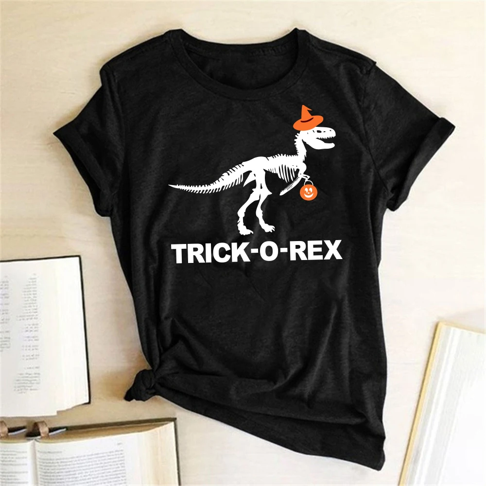 Women Summer Aesthetic Tshirt Woman Funny Top Clothes Dinosaur Skeleton Pumpkin Lantern Print Halloween T-shirts