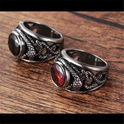 European and American stainless steel ring men's jewelry vintage inlaid red and black stone plate snake titanium steel ring