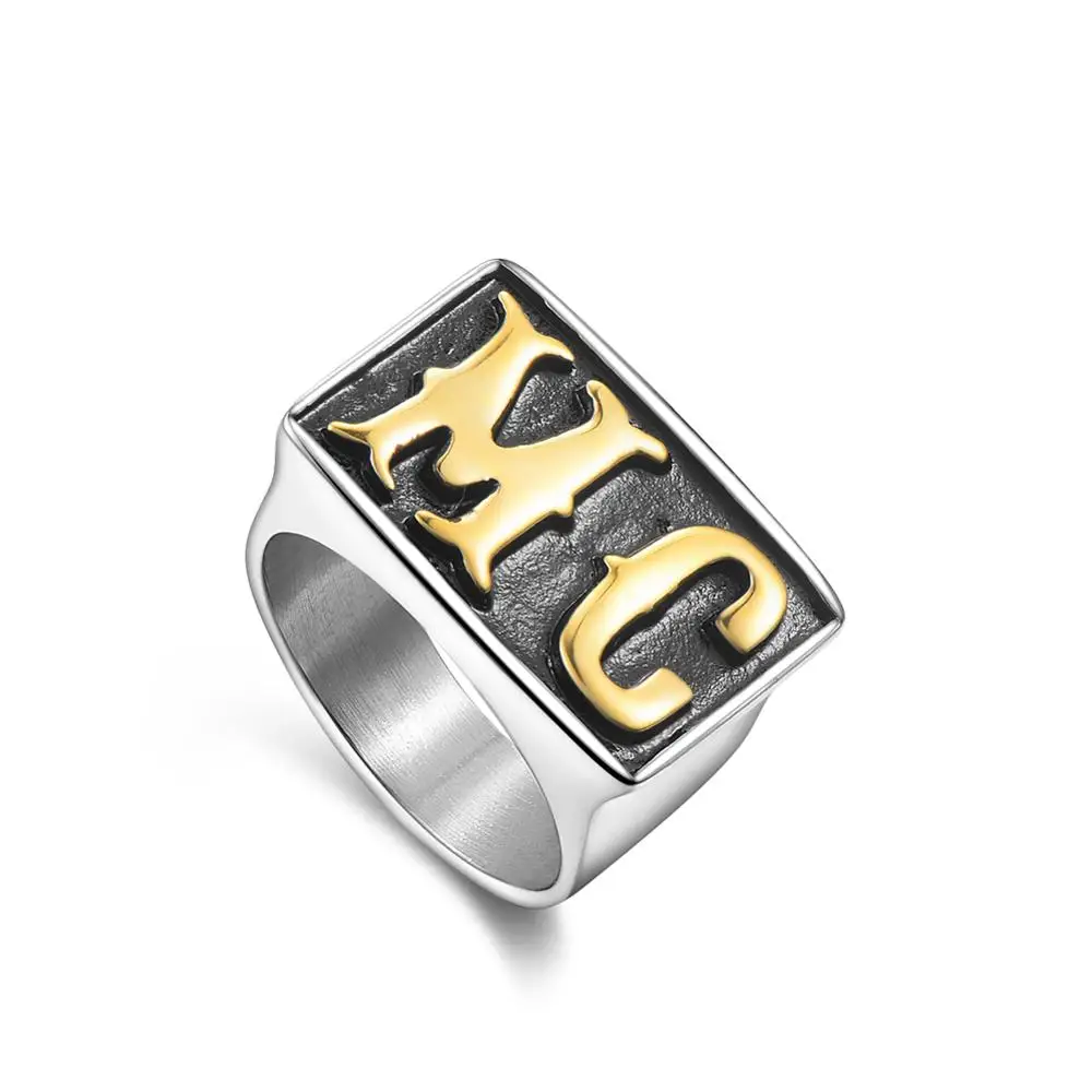 NEW 316L Titanium Steel Plated Gold MC Biker Ring Fashion Hip Hop Rock Men’s Jewelry Stainless Steel Ring drop shipping