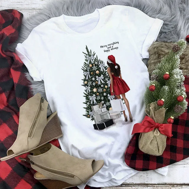 New Women T Shirt Christmas Tshirt Christmas Tree Girls Print Tops Tee Xmas Tee Shirts Female