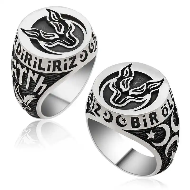 Silver Bozkurt One Dies A Thousand Diriliz Men's Ring - 925 Sterling Men's Jewelry Wedding Birthday Gift - Box - - Male - Fashion - Botiva - Size - Turkish - Patterned Embroidered