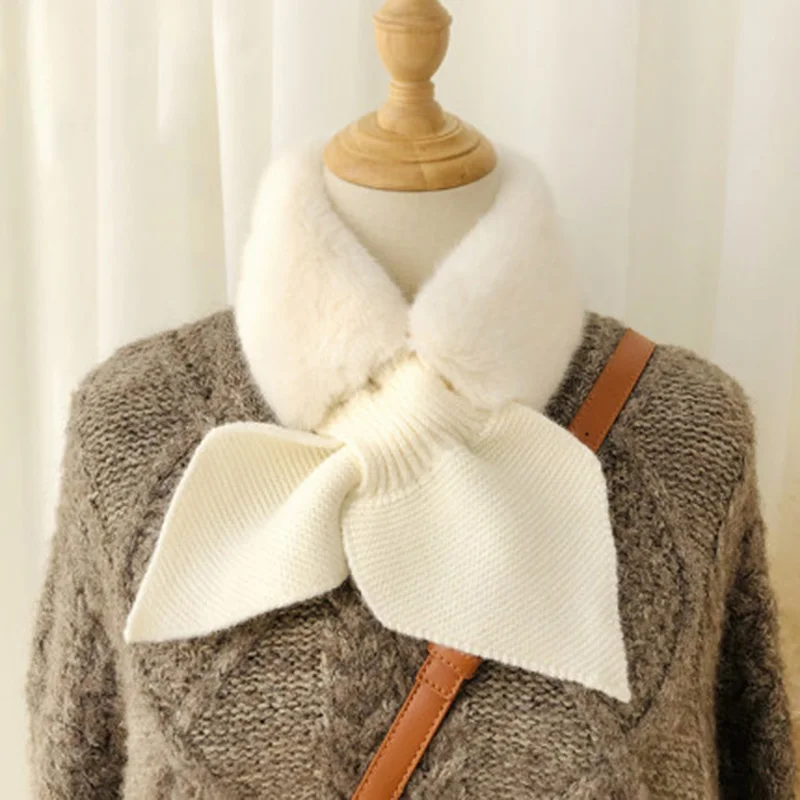 Korean Women Bow Knit Wool Warm Scarf Winter Faux Rabbit Fur Thicken Windproof Cross False Collar Neck Guard Plush Shawl O77