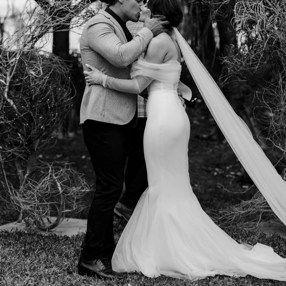 Vestido de novia plisado de sirena, largo, transparente, de tul, sin hombros, con cremallera, corte bajo, sencillo, para playa, Micro vestido de boda, 2021