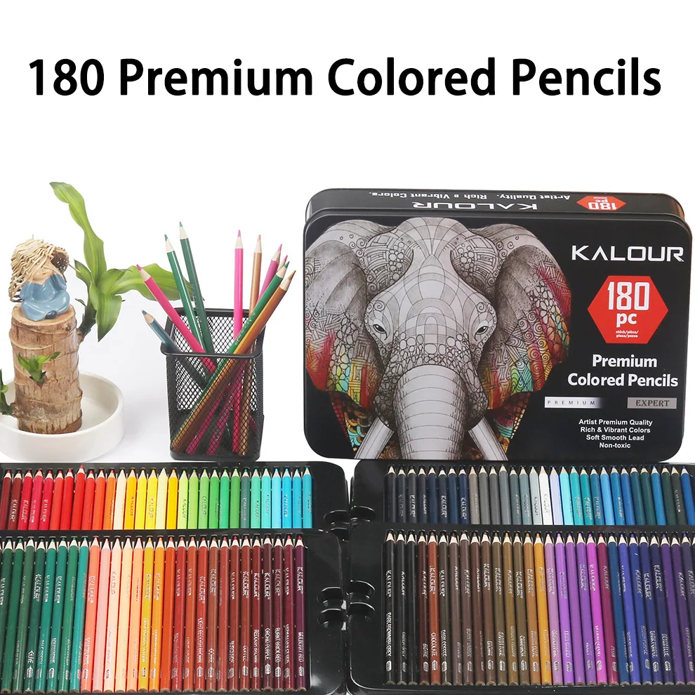 Kalour Colored Pencil 180pcs Set Professional Art Coloring Pencil Set Painting Sketching Oily Metal Color Lead Art Pencil Kit