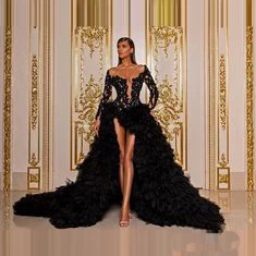 Luxury Black Prom Dresses Illusion Beaded Tiered Tulle High Front Slit Long Sleeves A-line Custom Made Formal Gowns