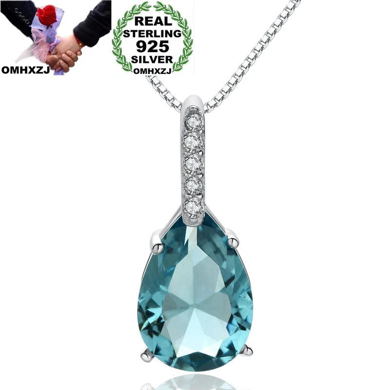 OMHXZJ NA304 Wholesale European Fashion Woman Party Birthday Gift Water Drop Topaz Zircon 925 Sterling Silver Pendant Necklace