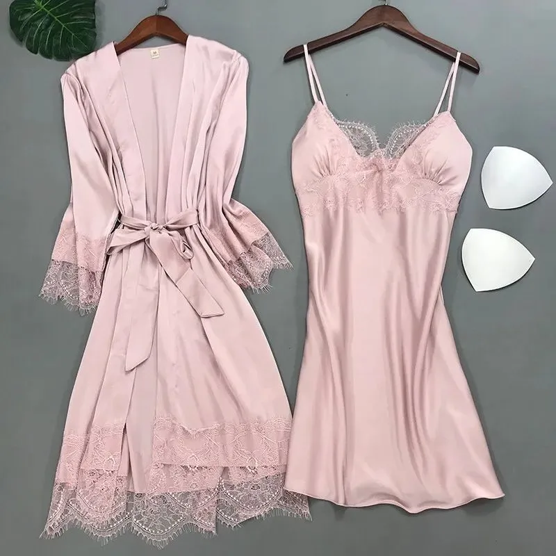 Sleepwear Women Satin Kimono Robe Gown Lace Intimate Lingerie V-Neck Sleep Set Strap Nightgown With Pads Nightwear Pajamas