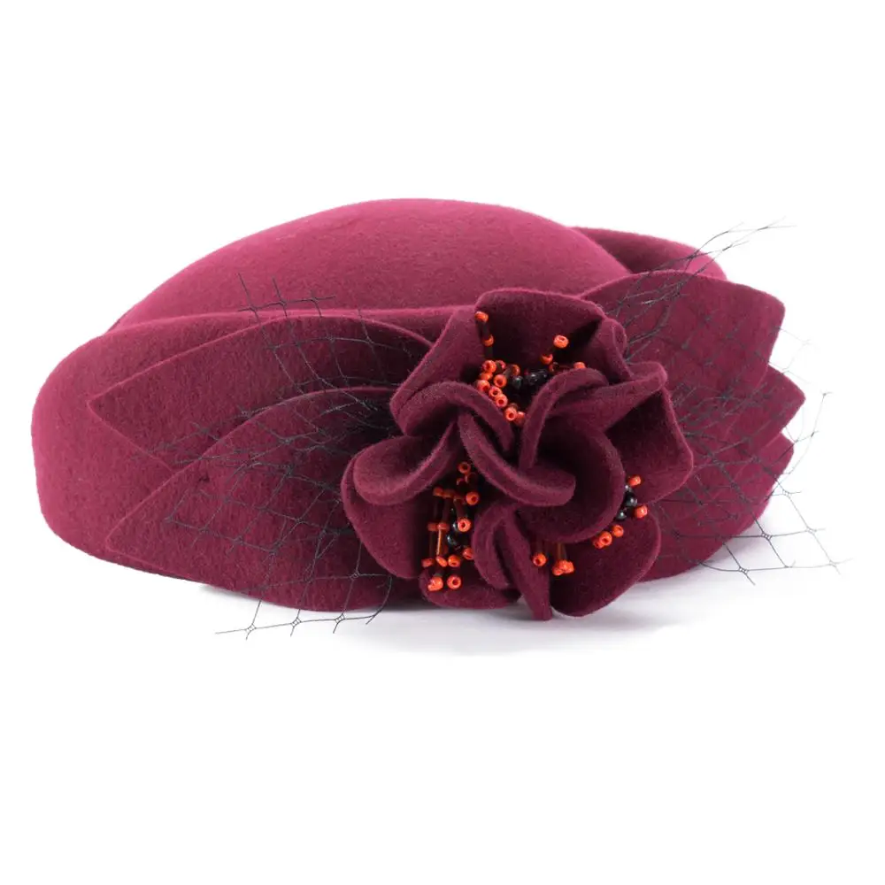 Winter Hats for Women Fascinators Pillbox Bere 100% Wool Felt Formal Dressy Cap Cocktail Church Wedding Bridal A131