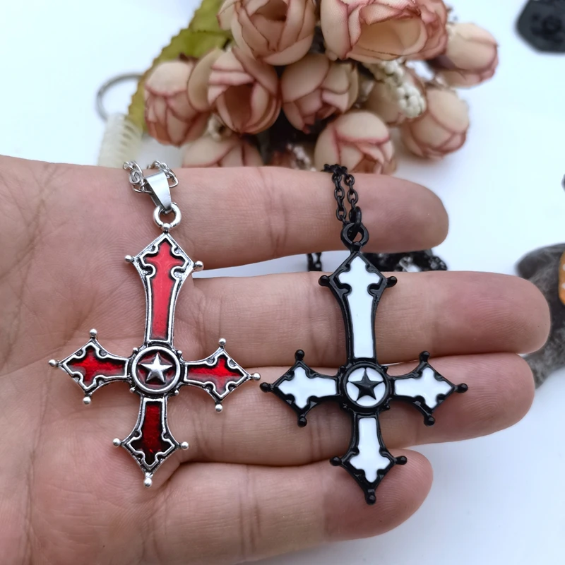 Red Bloody Inverted Cross Pendant Necklace Vintage Gothic Cross Pendant Necklace Devil Lucifer Satan Satanic Jewelry