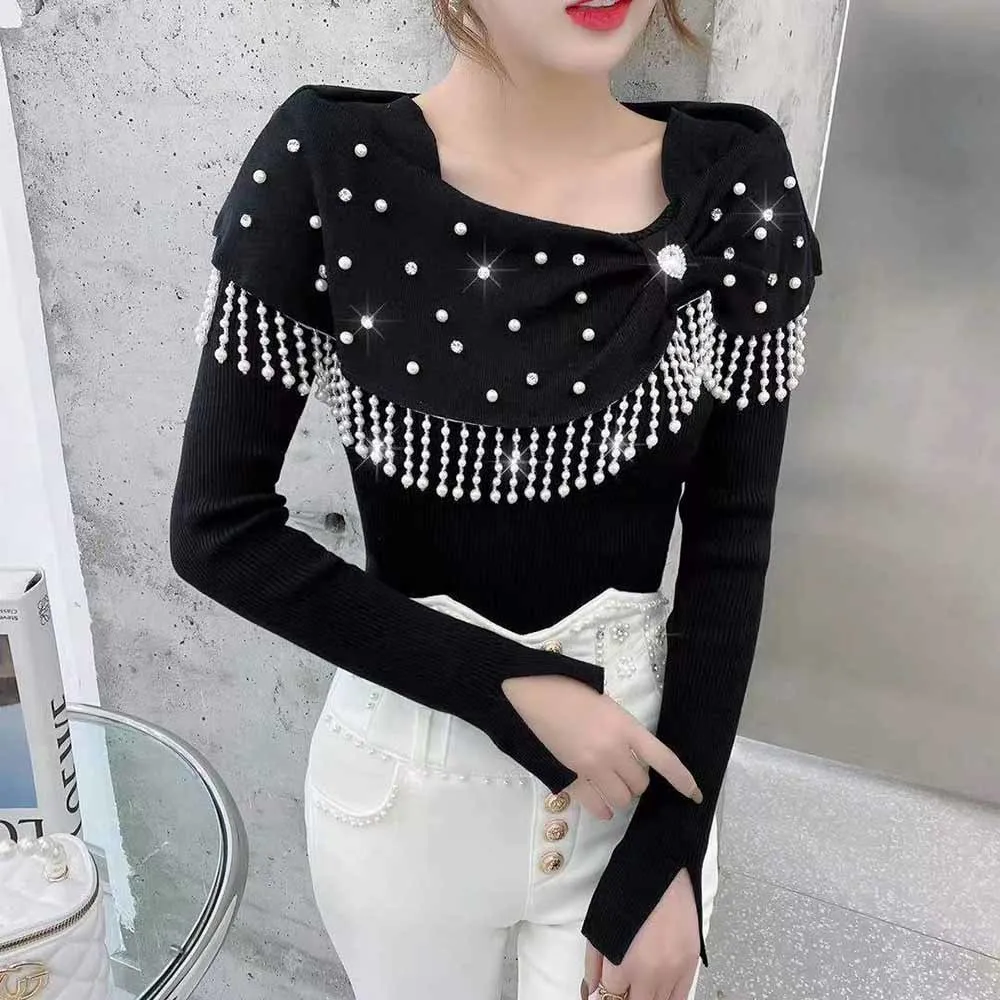 2022 New Korean Drill Beaded Sweater Women\'s Autumn winter French design sense fringed sweet long-sleeved bottoming top