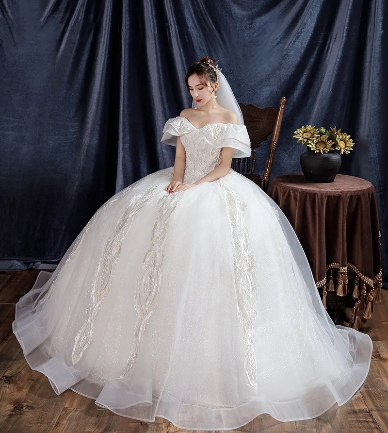 Vestido De novia De encaje De lujo con lentejuelas y hombros descubiertos, Vestido De princesa De talla grande