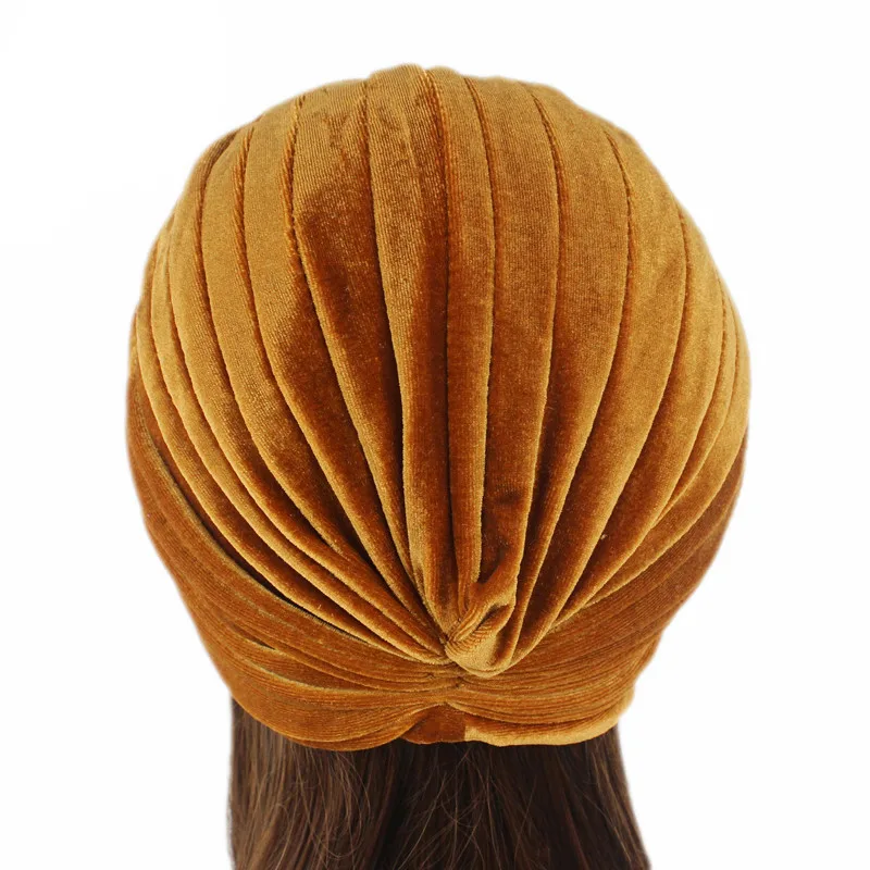 Grade Quality Pleated Stretch Ruffle Women\'s Velvet Skullies Beanies Twist Knoted Turban Chemo Sleep Hats Wrap Hair Cover Bonnet