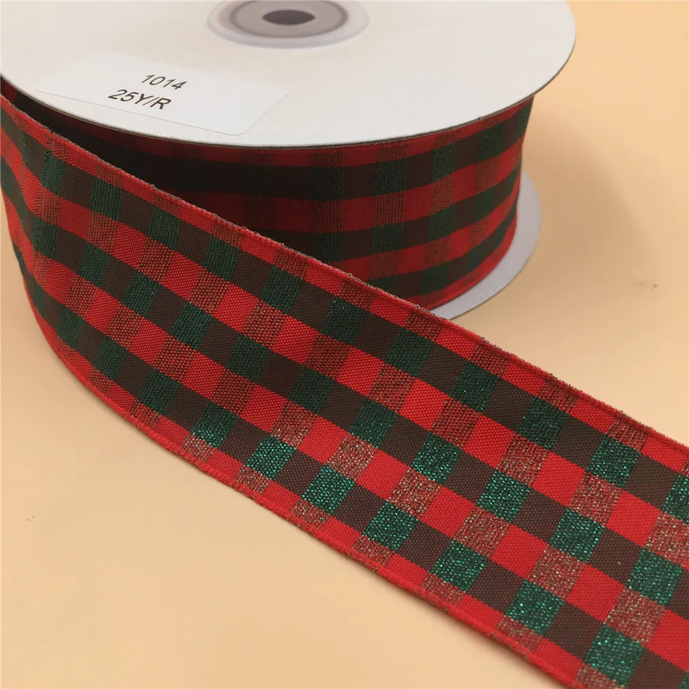 38MM 25yards Wired  Edge Red Scottish Checked Plaid Ribbon for Festival Christmas Decoration New Year Gift Wrapping