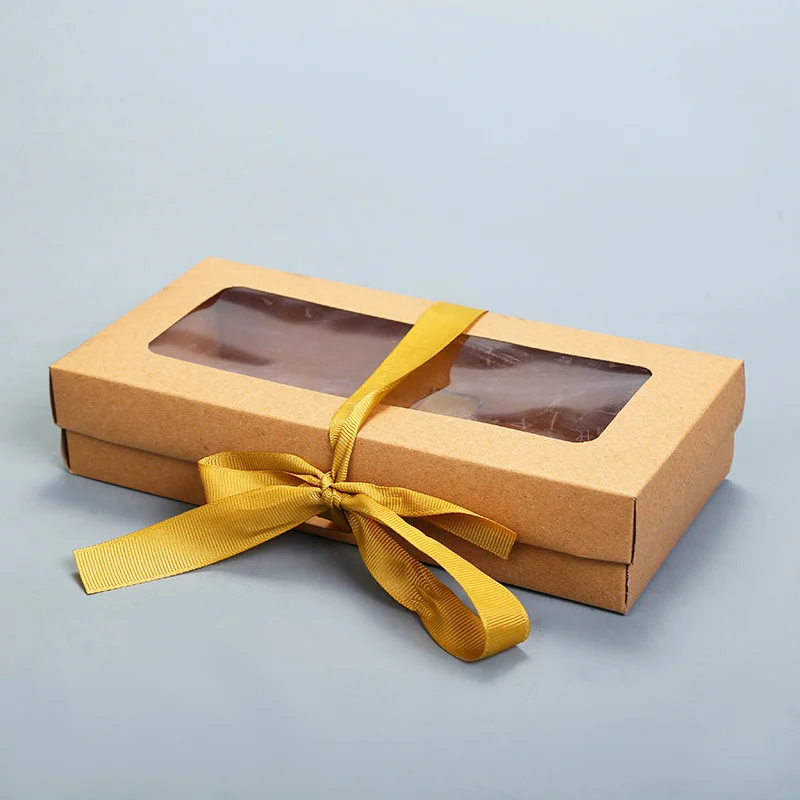 100Pcs/Lot Brown Kraft Paper Box With Window Gift Box With Silk Ribbon Packaging Carton Paperboard Box Packaging Box