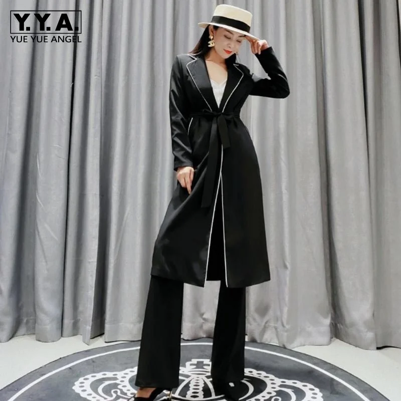 

New Runway Women Long Blazer Trench Coat Wide Leg Pants Office Ladies Two Piece Set Classic Sashes Lace Up Suit Sets Coordinates