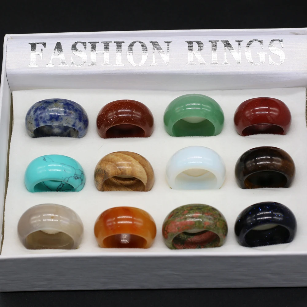 12 pcs/Box Natural Agates Stone Rings Mix Color Exquisite Rings Suit fit Women Jewelry Fine Match Gift Box Wide 12mm