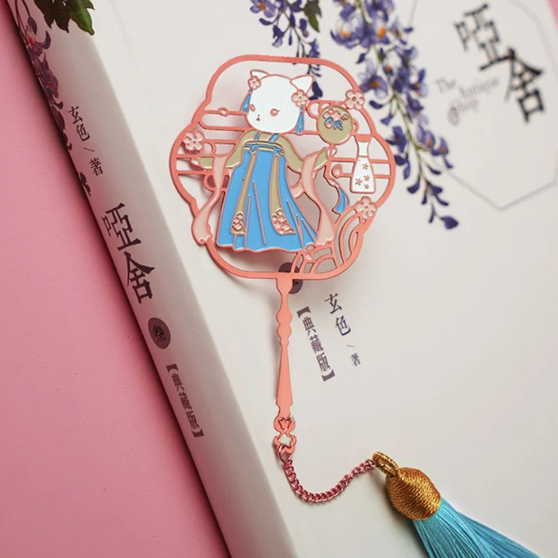 Kawaii Color Hanfu Cat Bookmark Cute Brass Tassel Pendant Art Exquisite Bookmark Page Folder Office School Supplies Stationery