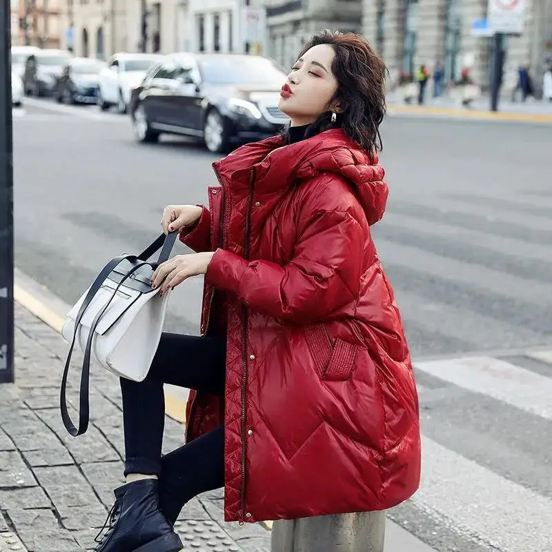 2021 New Commuter Stand-up Collar Hooded Mid-length Down Jacket Fashion Temperament Solid Color Winter Jacket Women  KU524