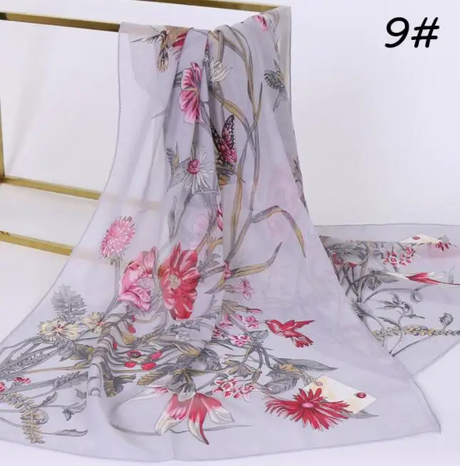 Chiffon Floral Elegant Scarves Silk Scarf Fashion Women Flower Printed Long Soft Wrap Scarf Simulation Silk Shawl Beach Scarf