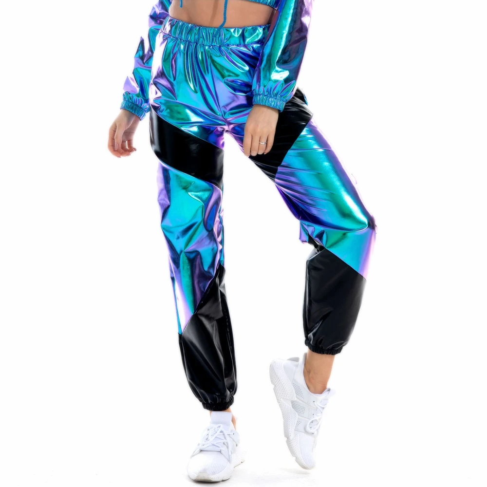 

Women Reflective Long Pants with Pockets High Waist Loose Holographic Patchwork Trousers Club Dance Jogger Pants Clubwear