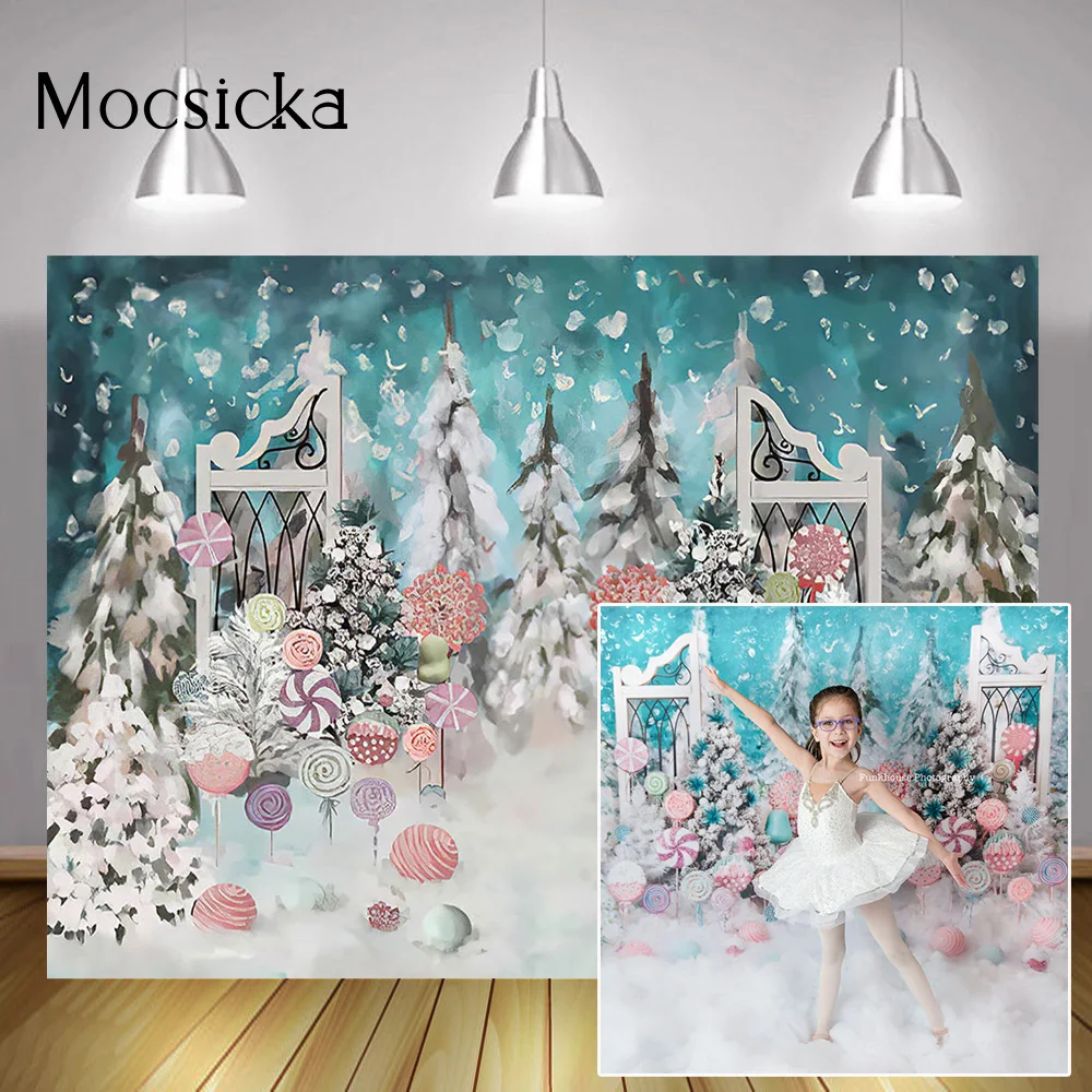 Lollipop Winter Wonderland Photography Backdrop Sweet Children Birthday Portrait Background Painting Trees Kids Cake Smash Decor