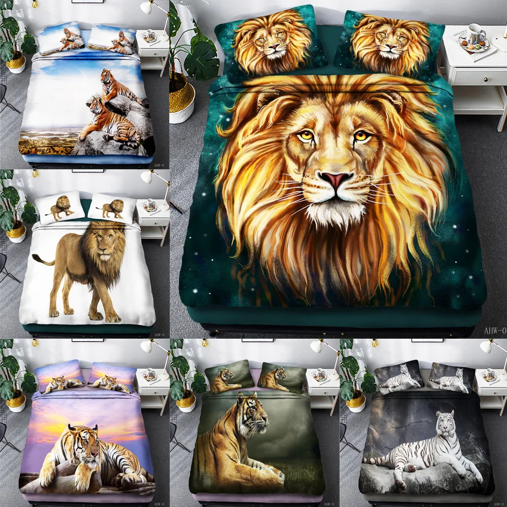 3D Animals Cool Tiger&Lion Bedding Set Duvet Covers Pillowcases Cartoon Comforter Luxury Bedding Sets King Queen Twin Size