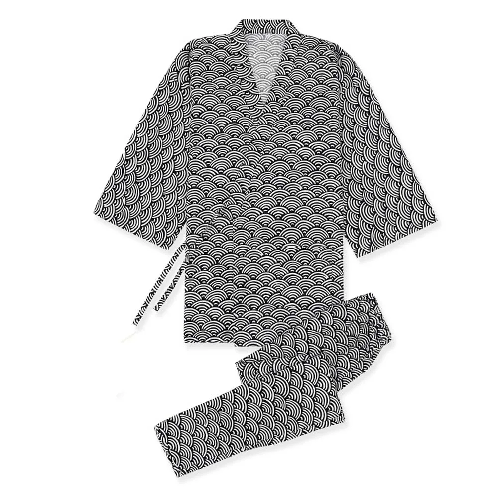 Plus Size Men Japanese Kimono Pajamas Cotton Casual Long-sleeve Trousers Home Service Two-piece Suit Comfortable Sleepwear