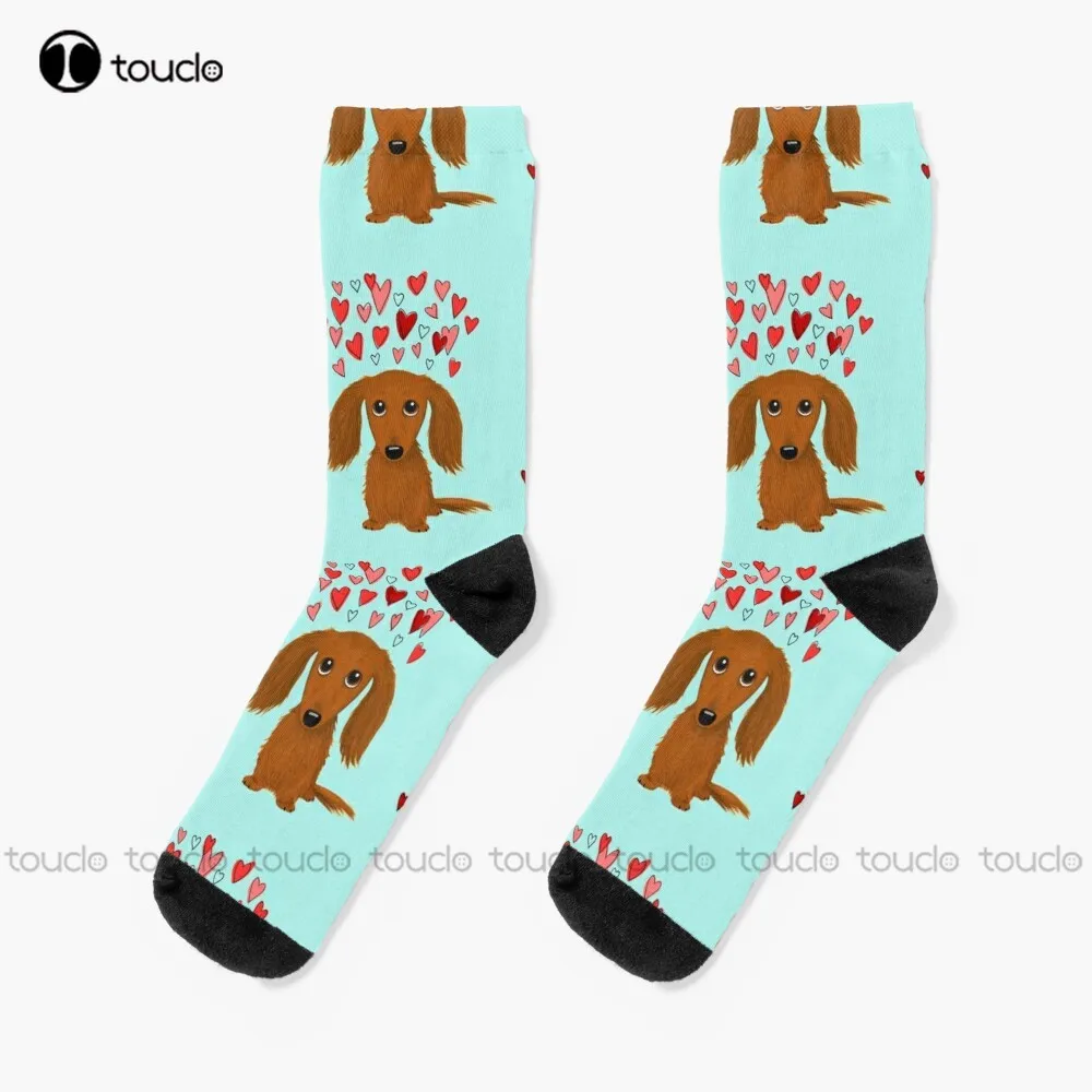 Cute Longhaired Red Dachshund Cartoon Dog With Hearts Socks Hiking Socks Women Personalized Custom Unisex Adult Teen Youth Socks