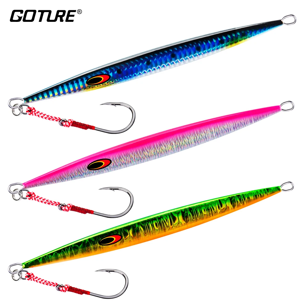 Goture 3pcs/lot Saltwater Speed Pitch Jigging Fishing Lure 80g 100g 150g 200g 250g 300g 350g Luminous Metal Jig Spoon 3 Colors