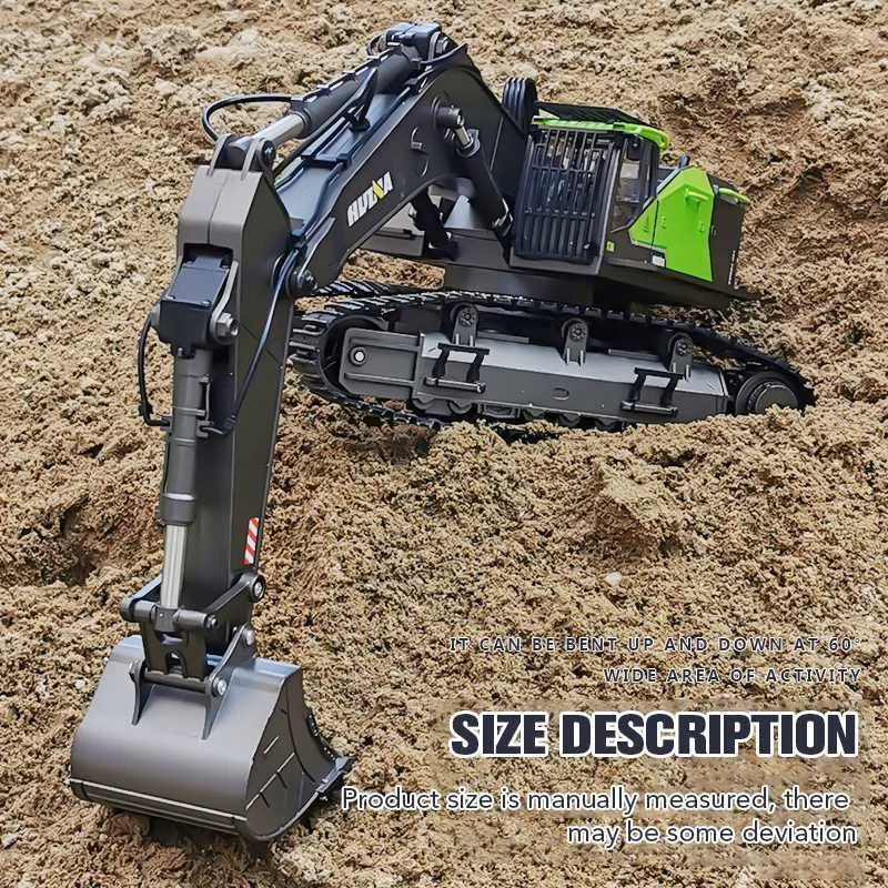 Huina 1593 1:14 RC Excavator 22CH Rotation Alloy Green RC Remote Control Truck Toys Screw Drive Double Track Engineering Vehicle