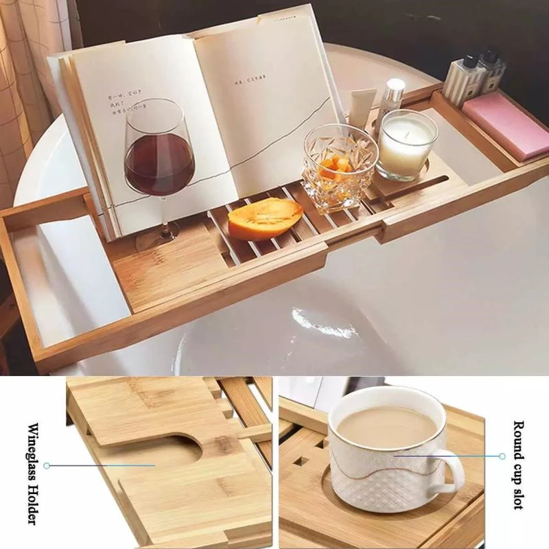 

70-105cm Adjustable Bamboo Bathtub Tray Wooded Bathroom Bracket Handcrafted Non-Slip Wine Glass Dish Storage Shelf Bathtub Tray