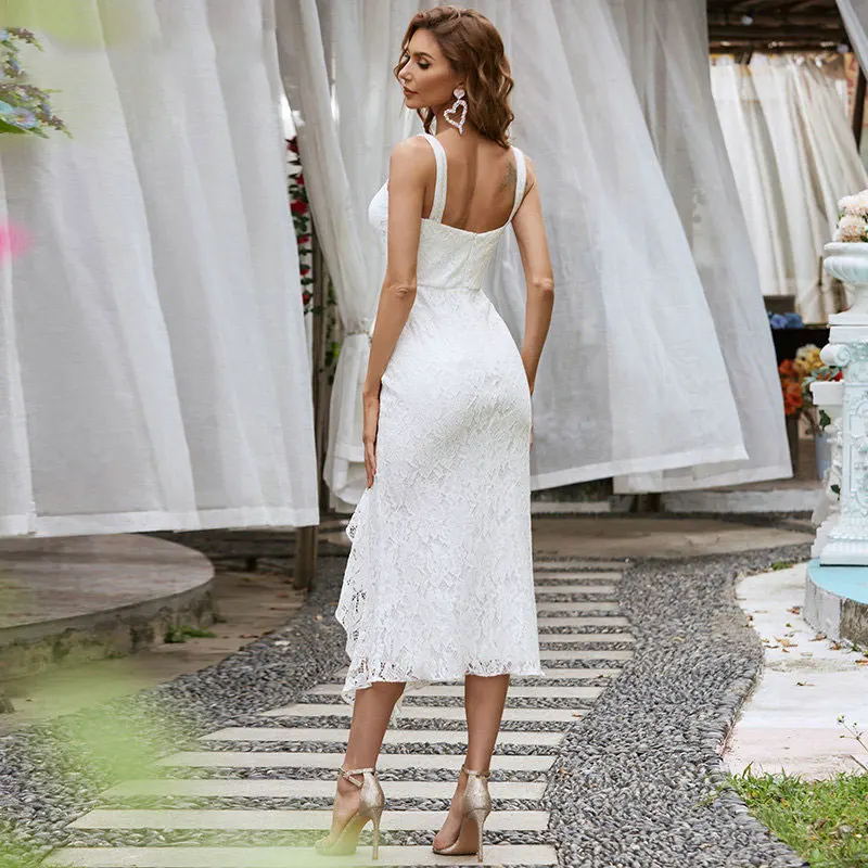 Vestido de novia de encaje blanco con abertura, elegante, línea A, escote Corazón, dobladillo asimétrico, vestido de fiesta de boda Midi, 2021