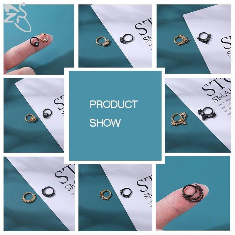 ZS 16G Stainless Steel Nose Rings for Women Girls Zirconia Septum Piercing Indian Black Gold Plated Ear Helix Clicker Piercings