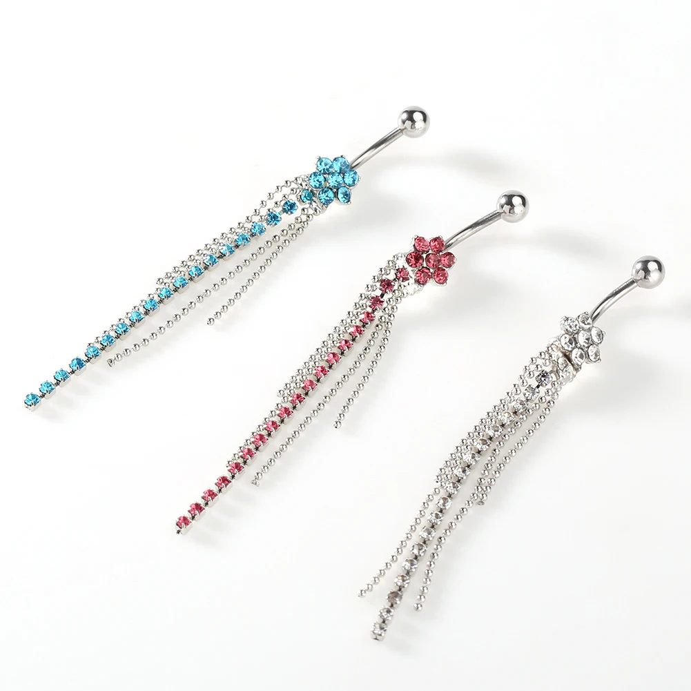 1Pcs Women Rhinestone Flower Beaded Tassels Dangle Body Piercing Navel Belly Ring Rhinestone  Belly Ring Barbell Piercing Belly