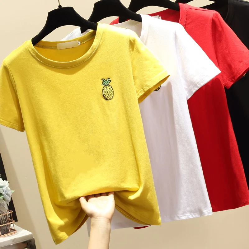 Gkfnmt Women T-Shirt Short Sleeve Cotton T Shirt Embroidery Pineapple fruit Summer Female Fashion Top Tee Loose Red Yellow White