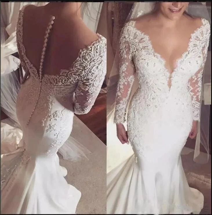 

Angelsbridep Long Sleeves Mermaid Wedding Dresses Robe De Mariee Sexy Deep V-Neck Appliques Court Train Formal Bride Dresses