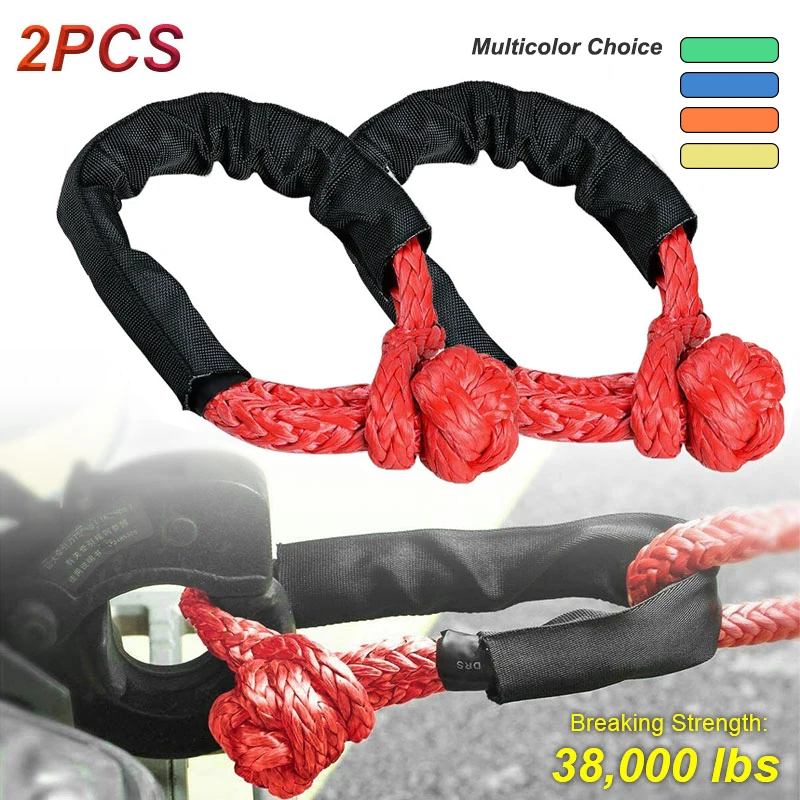 2pcs 38,000 lbs Car Flexible Synthetic Soft Shackle Trailer Pull Rope Towing Recovery Straps ATV UTV For Car Broke Down