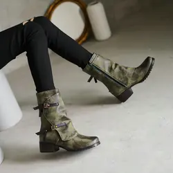 ZawsThia inverno oliva verde militare scarpe da donna cinturino con fibbia da combattimento tacchi bassi grossi stivali da equitazione da donna a metà polpaccio