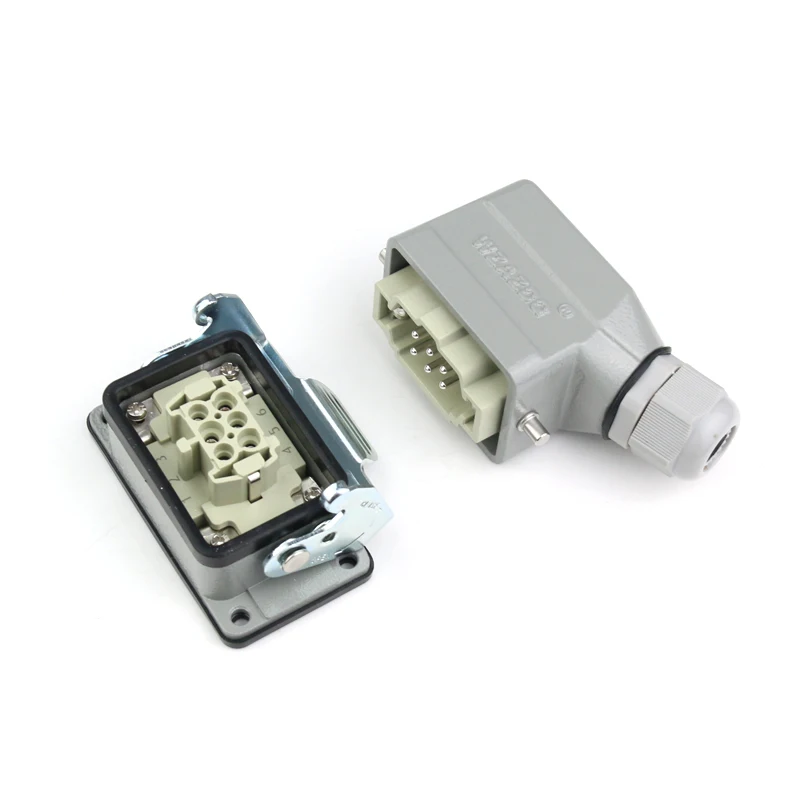 Rectangular heavy duty connector HE-06 core industrial waterproof aviation plug socket 16A top line and side outlet