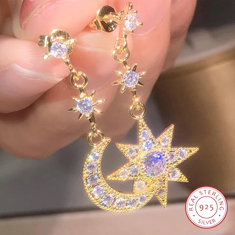 925 Silver Design Simple Advanced White Zircon Earring Temperament French Fairy Star-Moon Earrings Party Dating Jewelry Gift