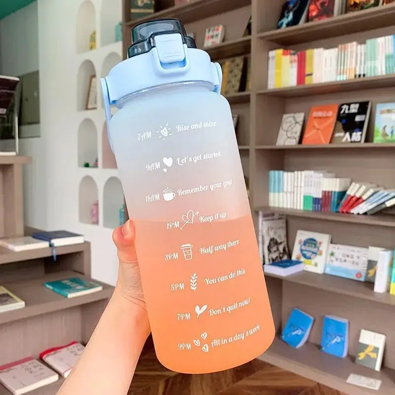 2L Large-capacity Water Bottle With Bounce Lid Timeline Reminder Leak-proof Frosted Cup For Outdoor Sports And Fitness