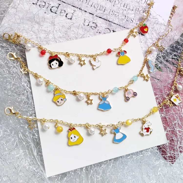 Japanese Cute Cartoon Cinderella Alice Mermaid Snow White Bracelets Alice in Wonderland Fairy tale Bracelets For Women Girls