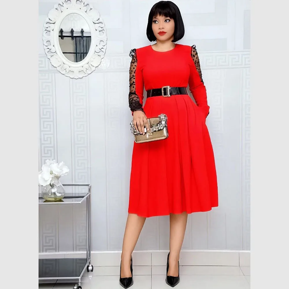 

African Dress Women 2020 New Fashion Dot Mesh Lace Sleeve With Belt High Waist Noble Beauty For Female