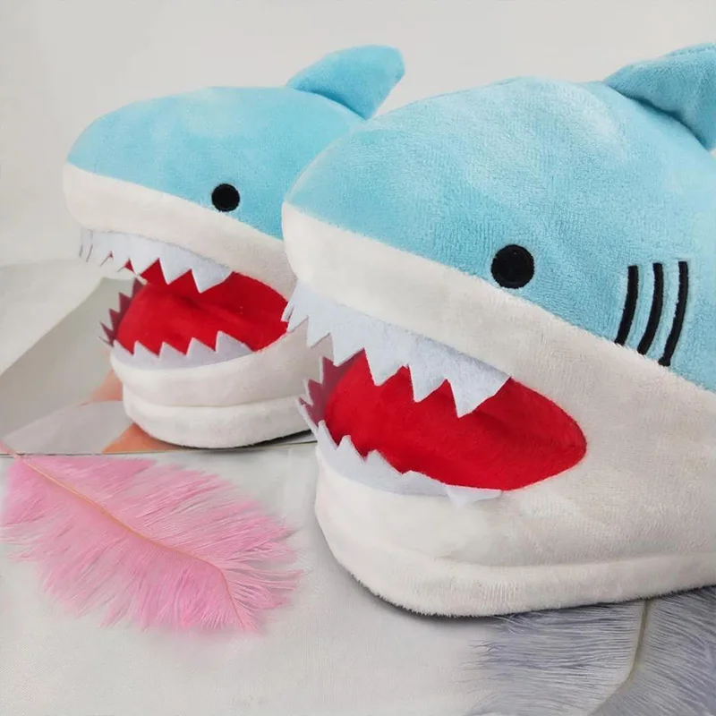 Adult Shark Slippers Women Winter Soft Home Shoes Fury Slippers Unisex Funny House Room Lazy Shoes Girls Blue Animal Slippers