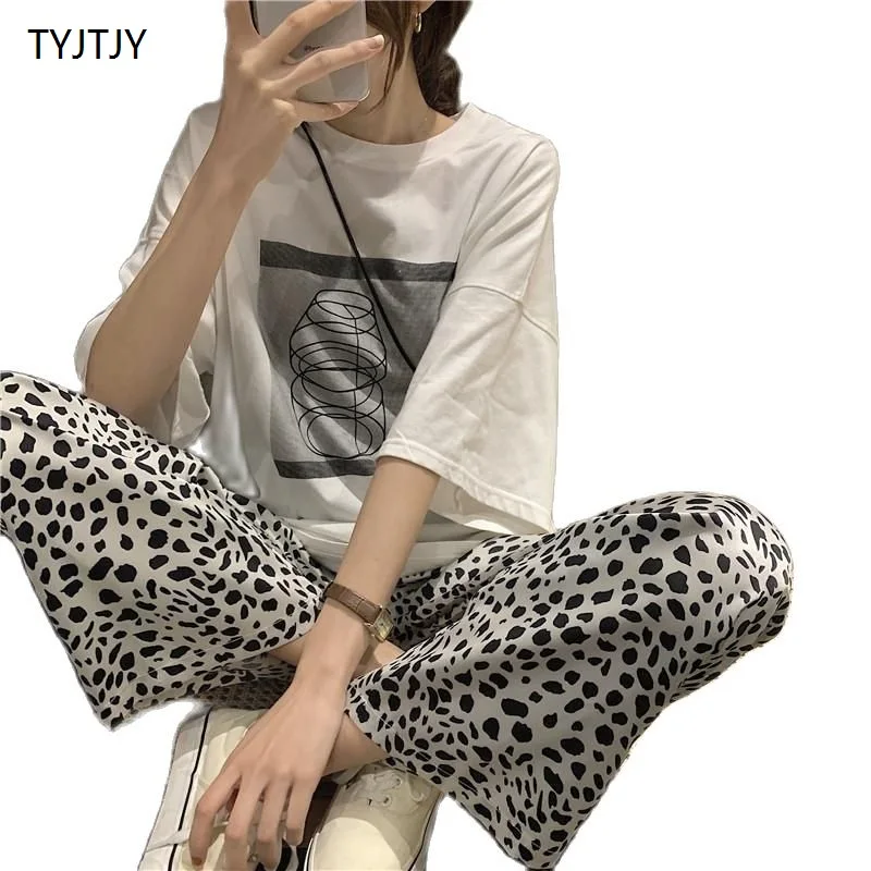 

Tracksuit Women Summer 2023 New retro high waist wide leg mopping pants leopard casual pants Female two piece set Women