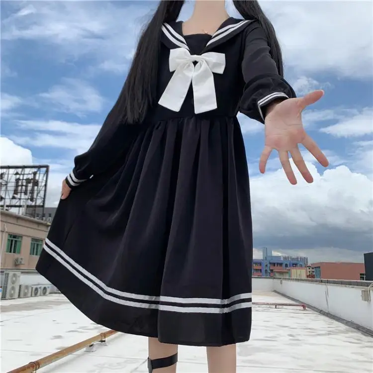 

Harajuku Sailor Collar Navy Dress Japanese Lolita Sweet Bow-knot Girl Retro Cotton Kawaii Preppy Style LONG Sleeve Dress Women