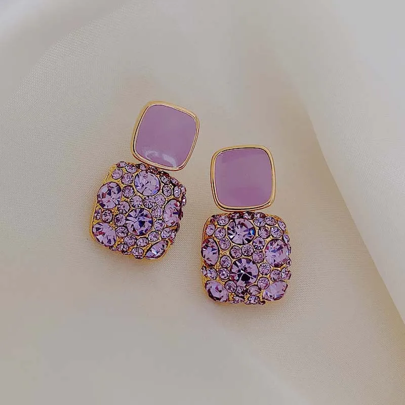 New Vintage Purple Shiny Crystal Geometric Women Earrings Contracted Sweet Lovely Fine Shiny Drop Earrings Jewelry